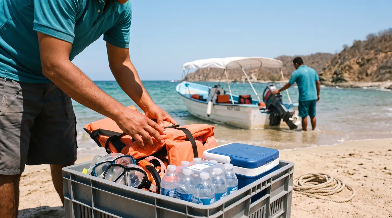 Tripulante cargando chalecos y equipo en una cajilla en la playa, con el bote esperando en el agua